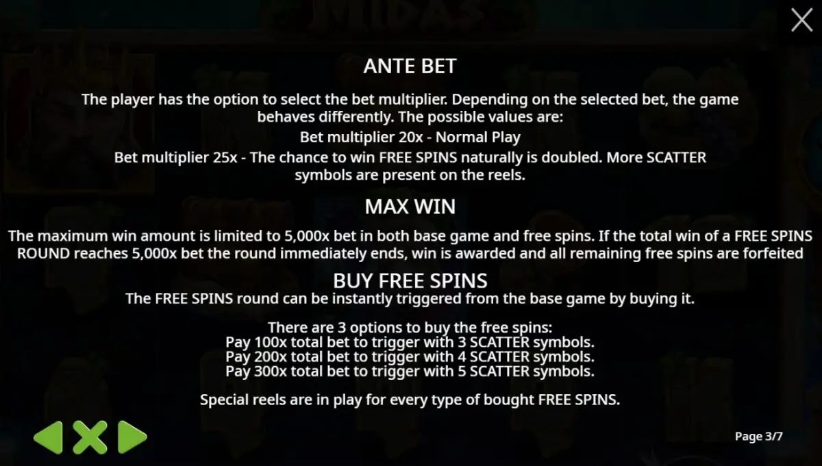 Ante-Bet-Regeln in The Hand of Midas mit 25×-Multiplikator-Option