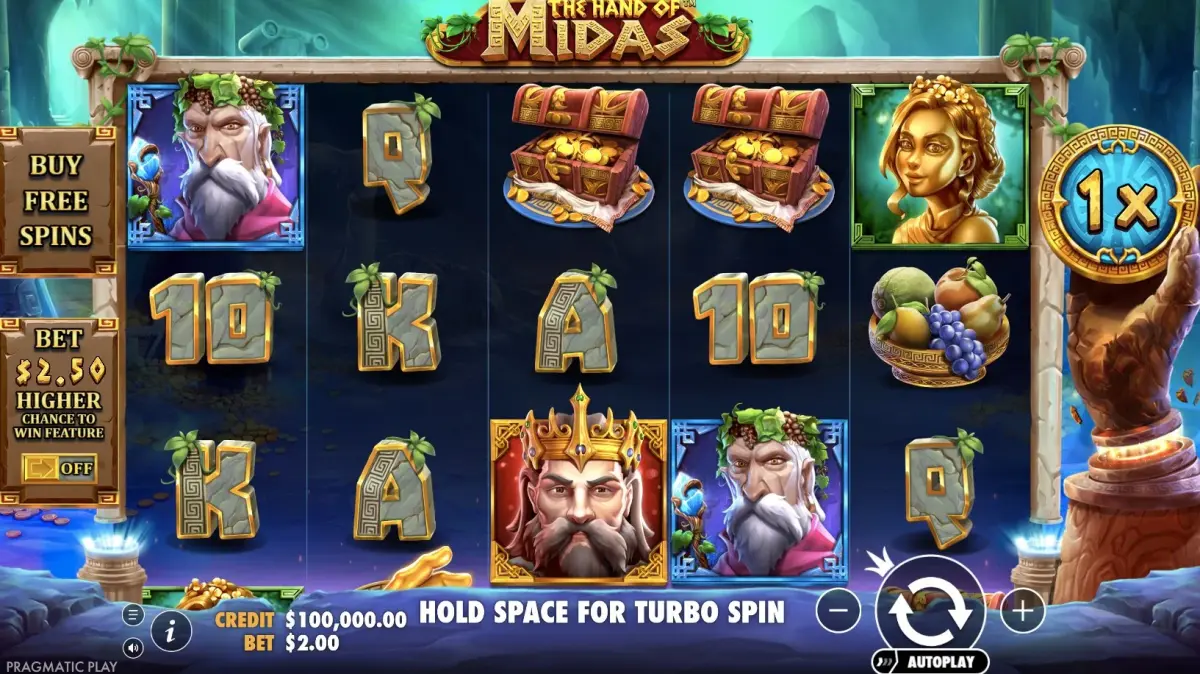 Basisspiel-Walzen von The Hand of Midas mit King Midas, Dionysus und Standardsymbolen