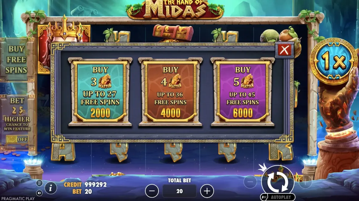 Buy-Free-Spins-Modal von The Hand of Midas mit den Optionen 100×, 200× und 300×