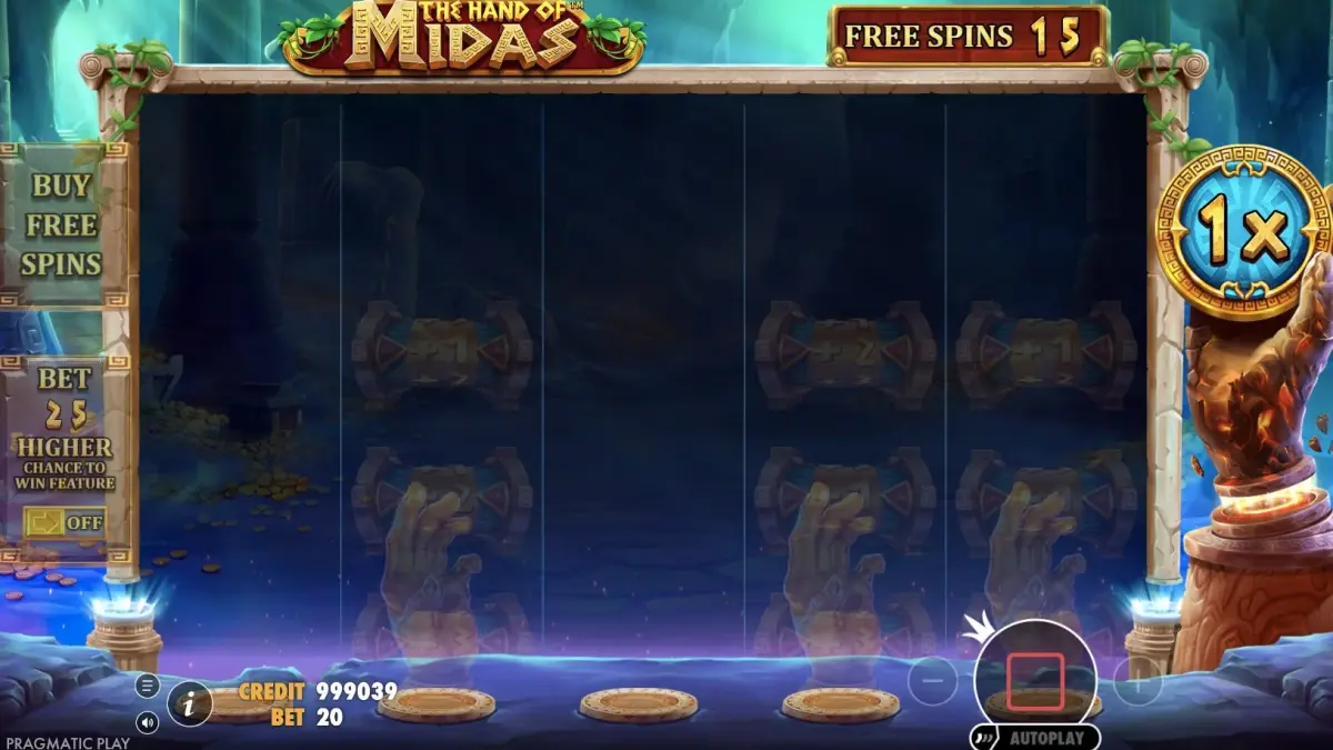 Freispielrunde von The Hand of Midas mit Mini-Walzen, die 15 Freispiele vergeben