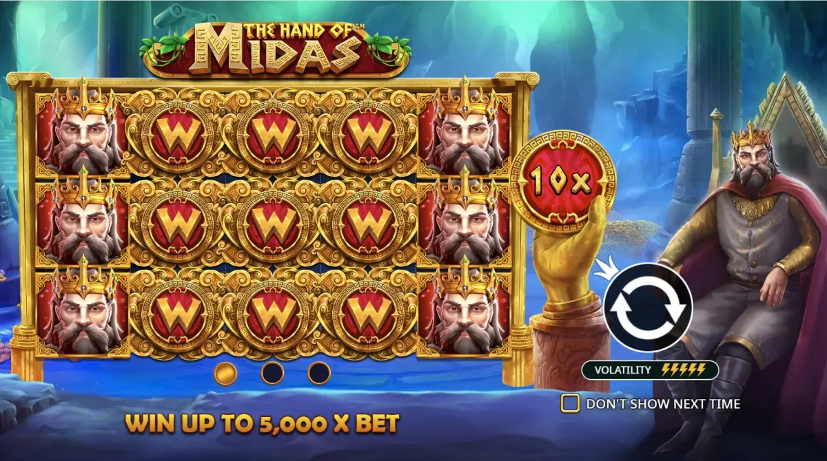 Startbildschirm von The Hand of Midas mit Volatilität 5/5 und 5.000×-Maxwin