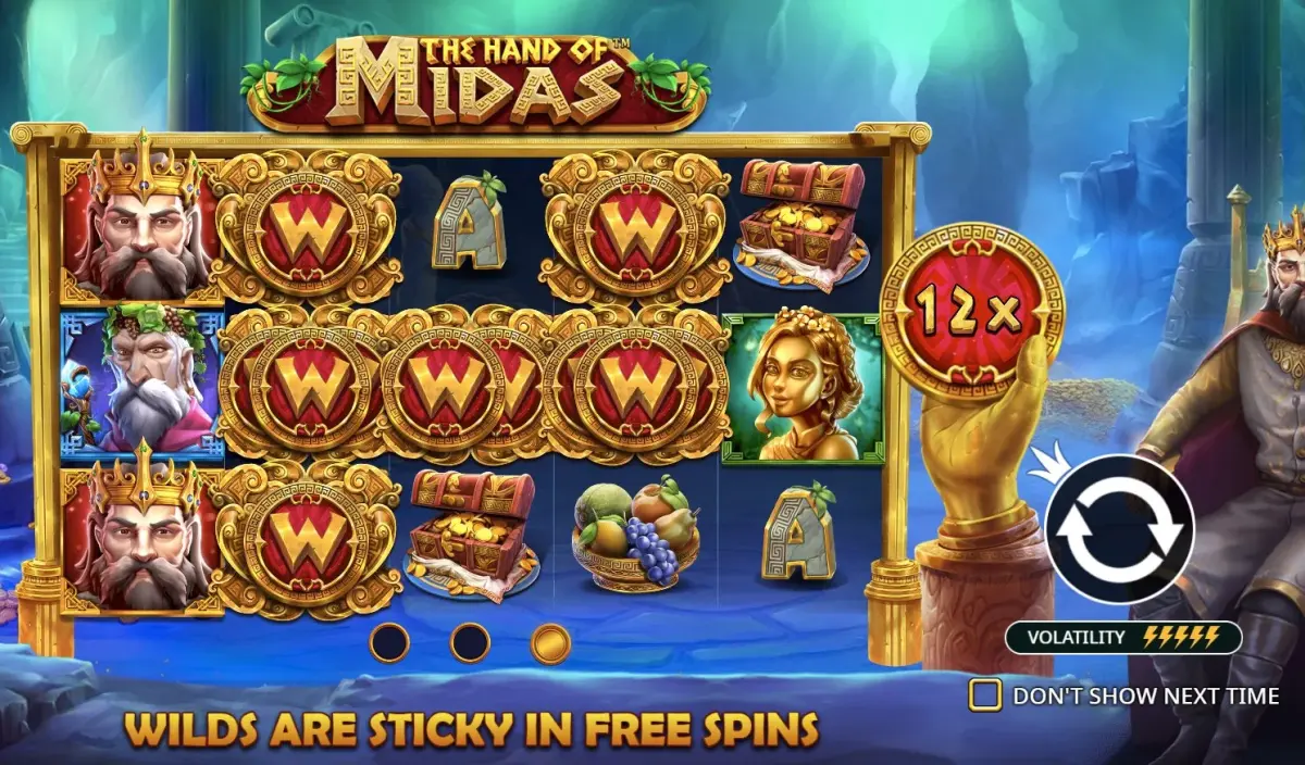 Erklärungsbildschirm für klebende Wilds mit 12×-Multiplikator in den Freispielen von The Hand of Midas